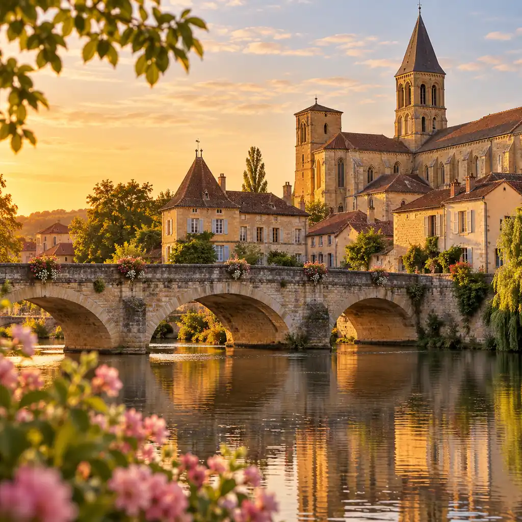 Vue de Charlieu au coucher du soleil avec son patrimoine historique et son pont en pierre
