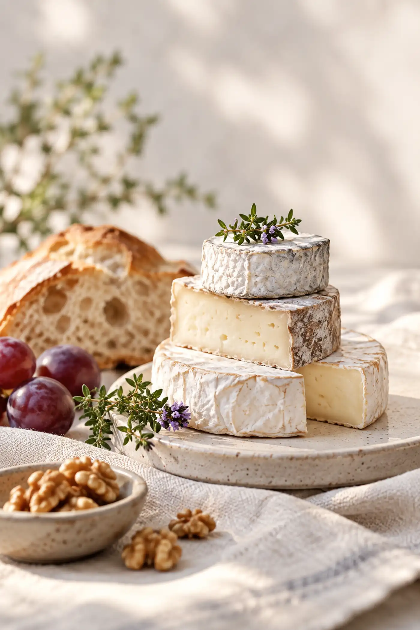 Assortiment de fromages artisanaux, pain et noix évoquant les saveurs du terroir de Charlieu