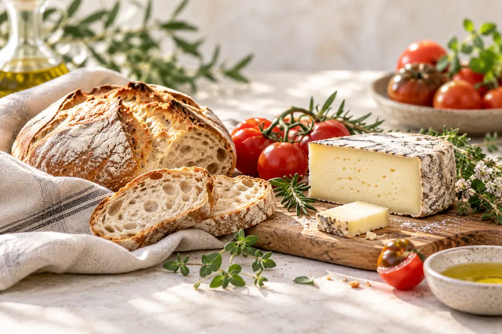 Pain rustique, fromage artisanal et tomates mettant en valeur le terroir local de Charlieu